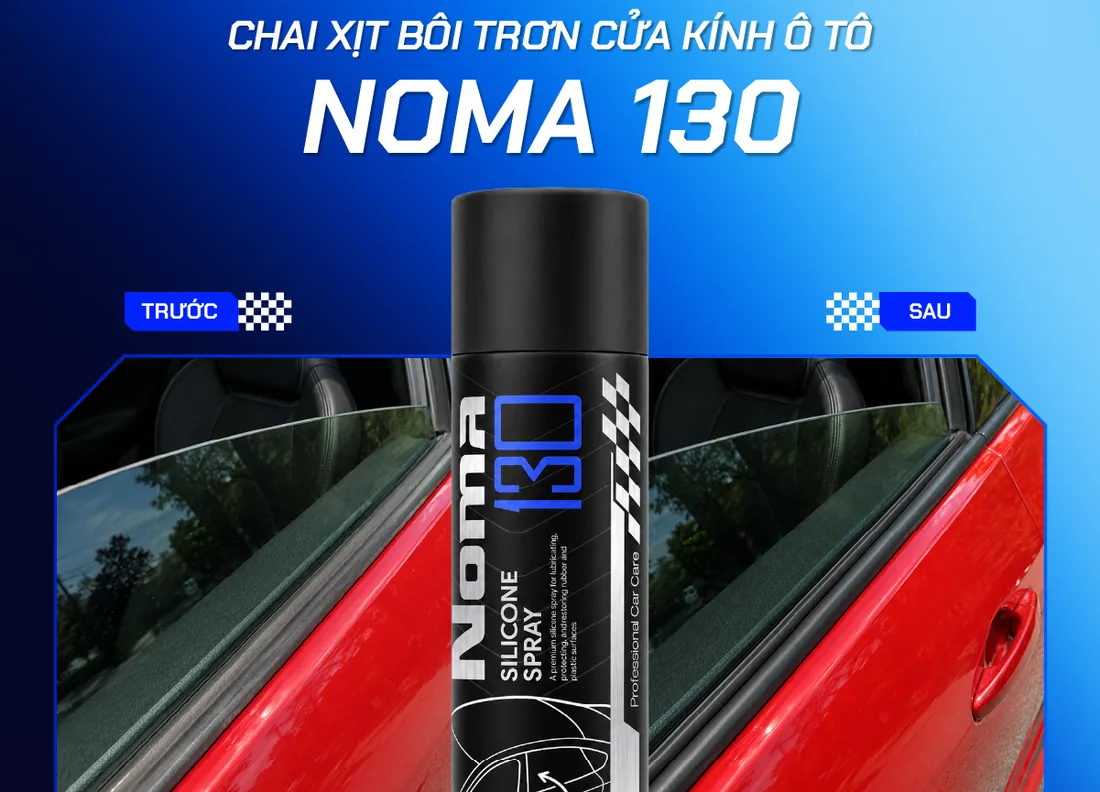 Chai NOMA 130 đặt trước cửa kính ô tô, đối chiếu hai bên trước và sau khi dưỡng