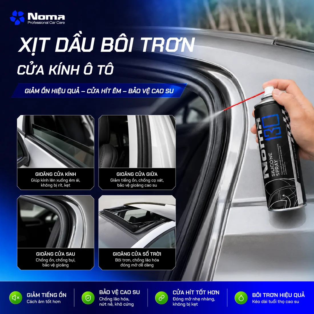 Bốn vị trí gioăng cao su trên ô tô cần dưỡng bằng NOMA 130