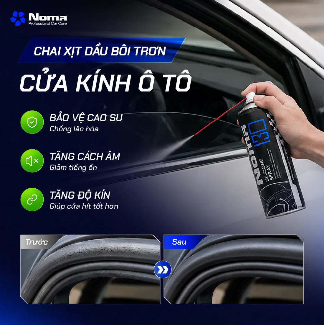 So sánh gioăng cửa kính trước khi dùng NOMA 130 (khô, bạc màu) và sau khi dùng (mềm, sáng bóng)